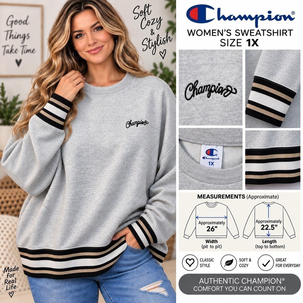 Champion Womens Sweatshirt 1X Grey Heather Striped Trim Pullover Cropped New